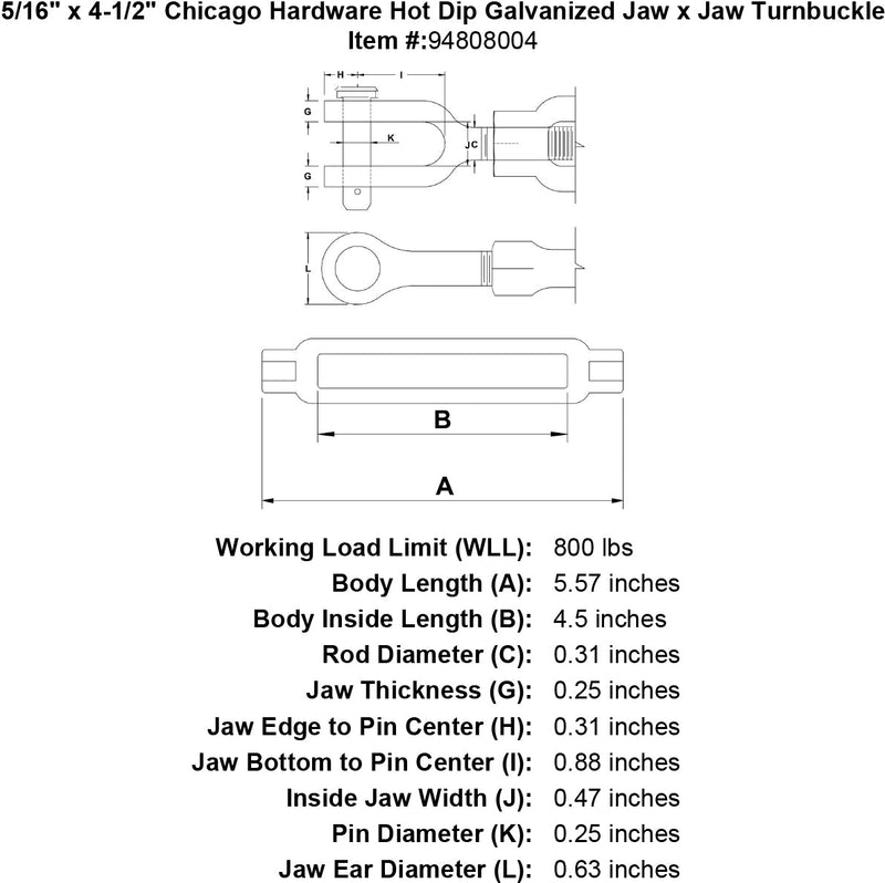 5 16 x 4 1 2 chicago hardware hot dip galvanized jaw x jaw turnbuckle specification diagram