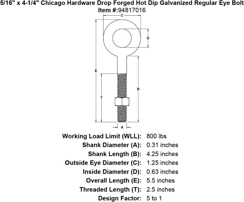 5 16 x 4 1 4 chicago hardware drop forged hot dip galvanized regular eyebolt specification diagram