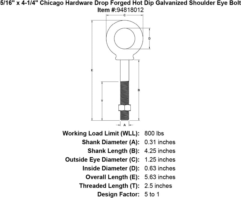 5 16 x 4 1 4 chicago hardware drop forged hot dip galvanized shoulder eyebolt specification diagram