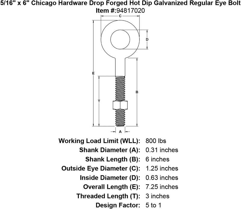 5 16 x 6 chicago hardware drop forged hot dip galvanized regular eyebolt specification diagram