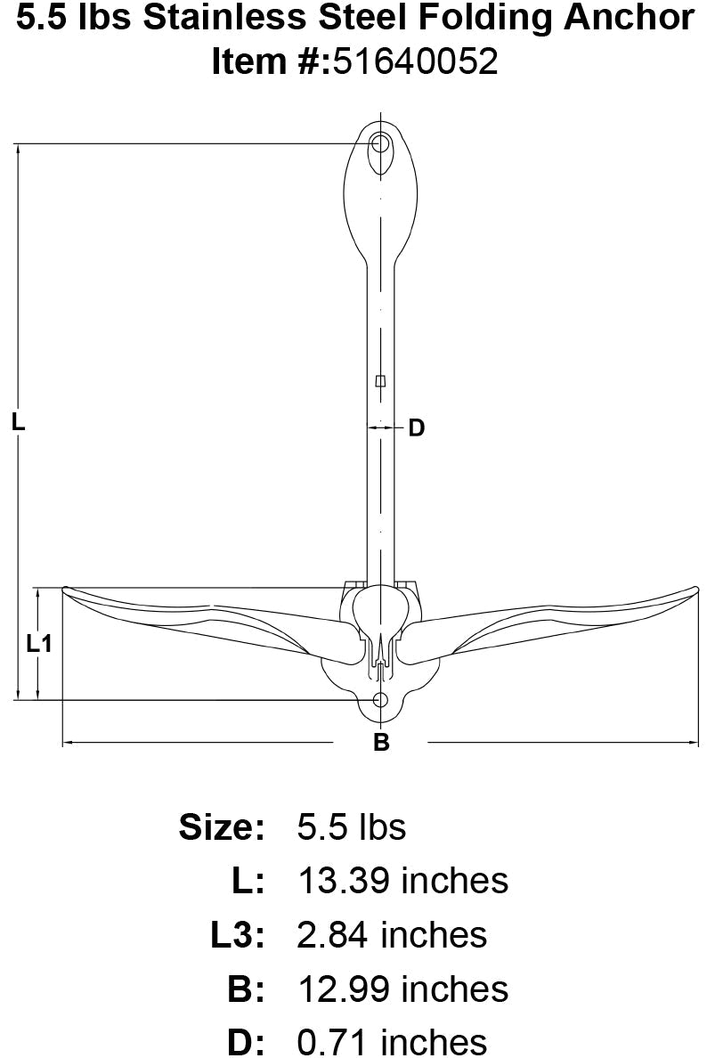 5 5 lbs Stainless Steel Folding Anchor specification diagram