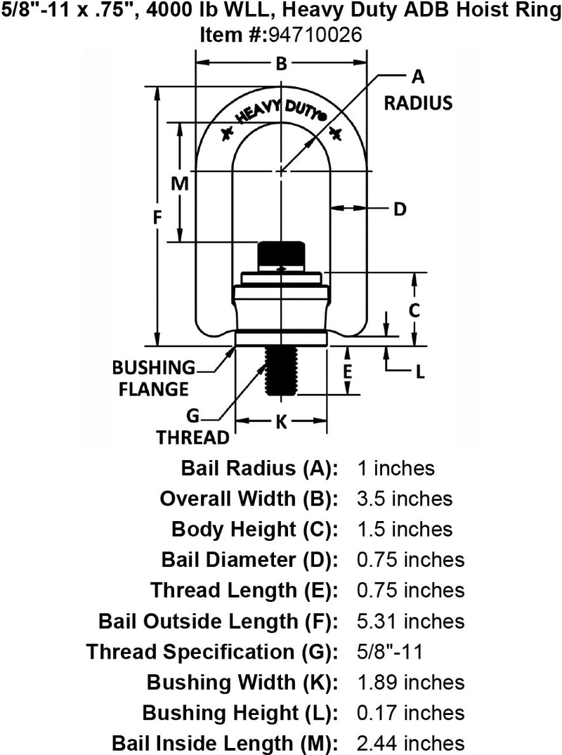 5 8 11 x 75 4000 lb Heavy Duty Hoist Ring specification diagram