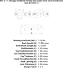 5 8 x 12 chicago hardware hot dip galvanized hook x eye turnbuckle specification diagram