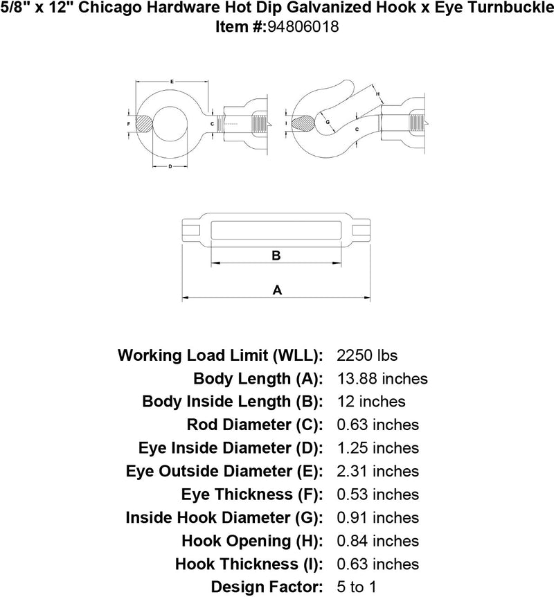 5 8 x 12 chicago hardware hot dip galvanized hook x eye turnbuckle specification diagram