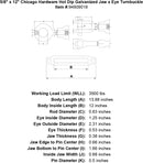 5 8 x 12 chicago hardware hot dip galvanized jaw x eye turnbuckle specification diagram