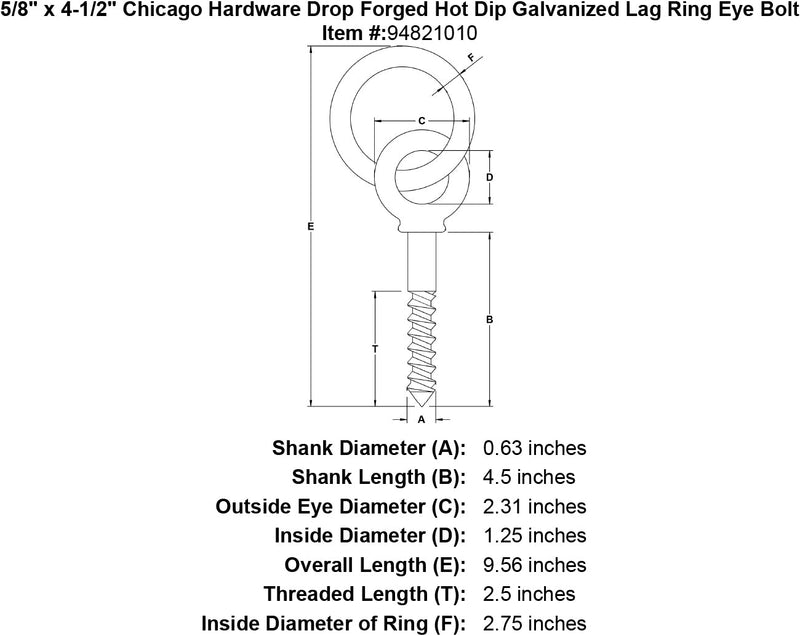 5 8 x 4 1 2 chicago hardware drop forged hot dip galvanized lag ring eyebolt specification diagram
