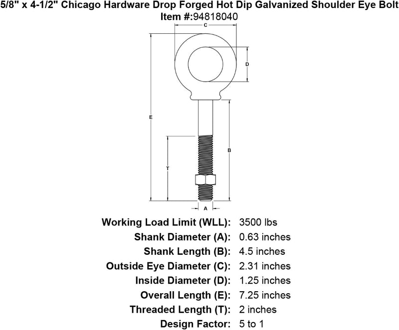 5 8 x 4 1 2 chicago hardware drop forged hot dip galvanized shoulder eyebolt specification diagram
