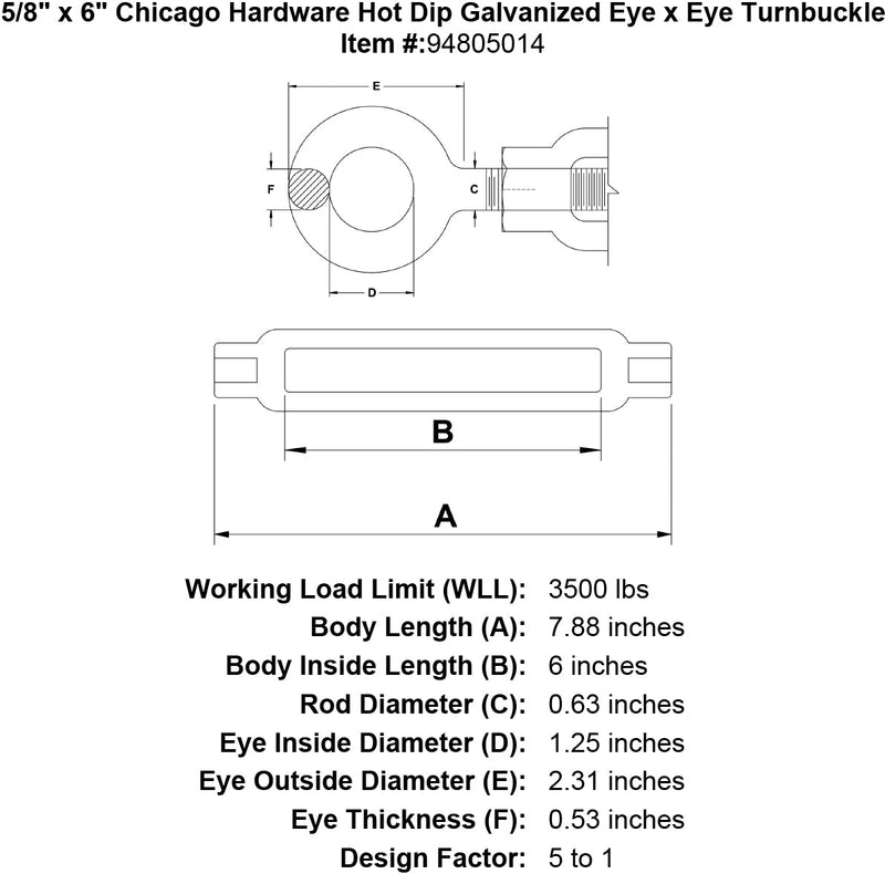 5 8 x 6 chicago hardware hot dip galvanized eye x eye turnbuckle specification diagram