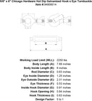 5 8 x 6 chicago hardware hot dip galvanized hook x eye turnbuckle specification diagram