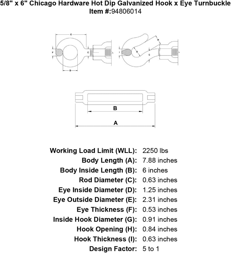 5 8 x 6 chicago hardware hot dip galvanized hook x eye turnbuckle specification diagram