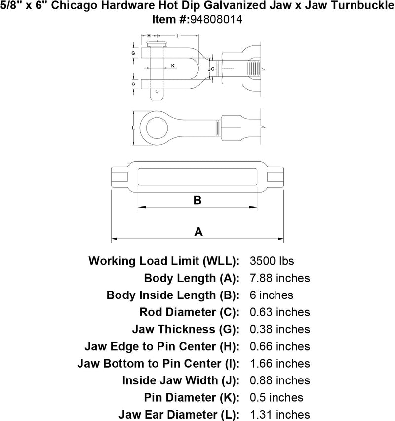 5 8 x 6 chicago hardware hot dip galvanized jaw x jaw turnbuckle specification diagram
