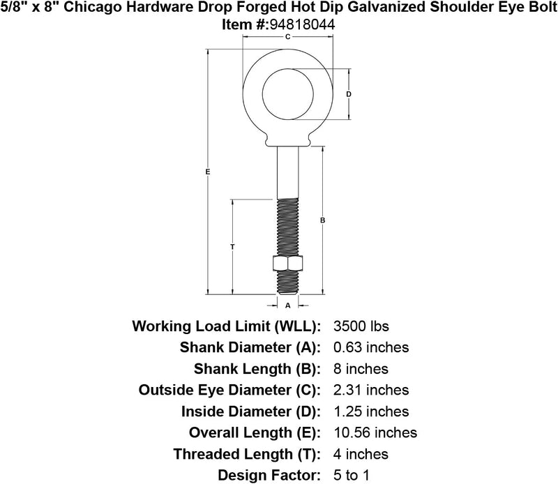5 8 x 8 chicago hardware drop forged hot dip galvanized shoulder eyebolt specification diagram