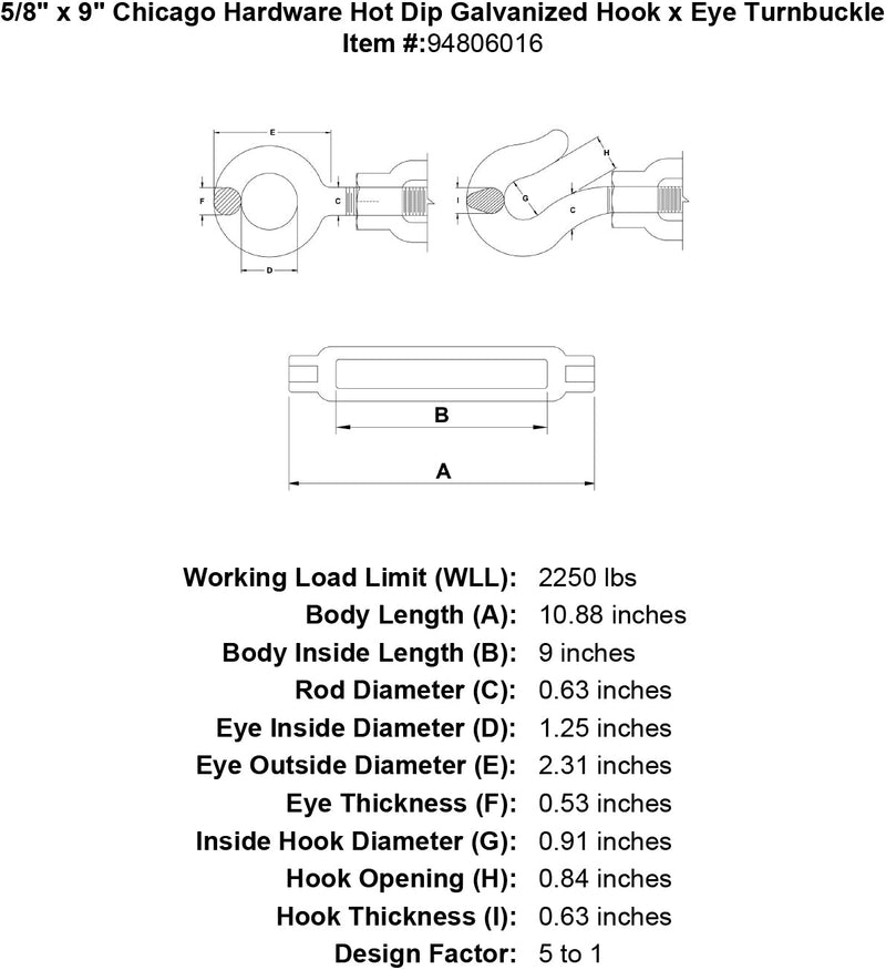 5 8 x 9 chicago hardware hot dip galvanized hook x eye turnbuckle specification diagram