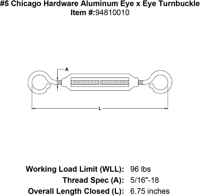 5 chicago hardware aluminum eye x eye turnbuckle specification diagram
