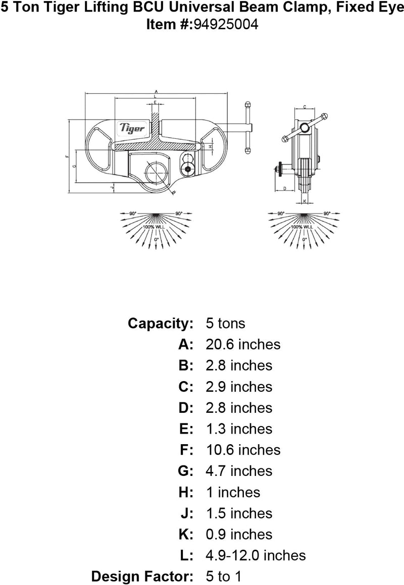 5 ton tiger lifting bcu universal beam clamp fixed eye specification diagram