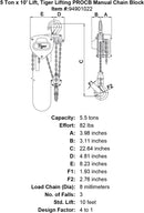 5 ton x 10 lift tiger lifting procb manual chain block specification diagram