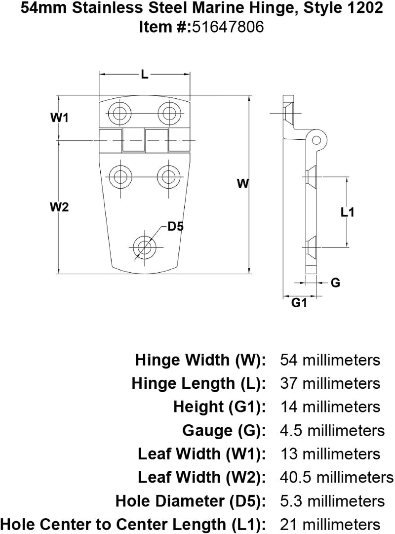 54mm Stainless Steel Marine Hinge Style 1202 specification diagram