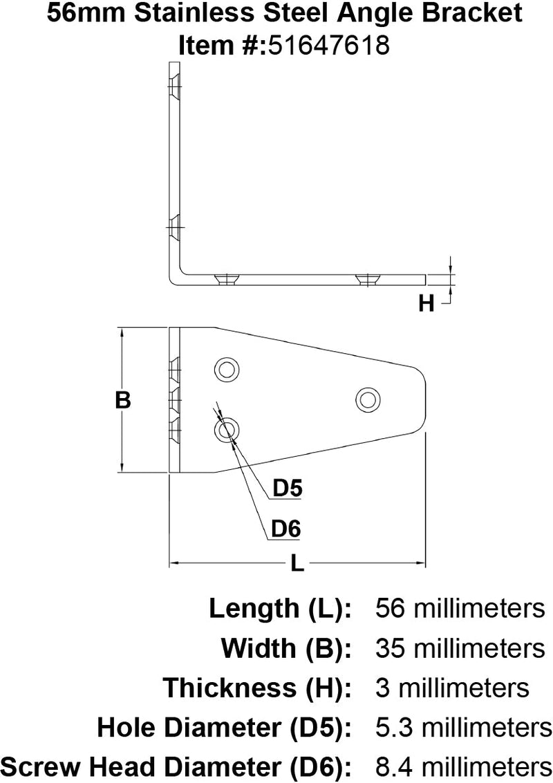 56mm Stainless Steel Angle Bracket specification diagram