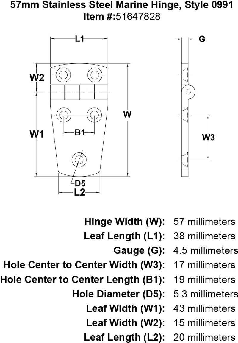 57mm Stainless Steel Marine Hinge Style 0991 specification diagram