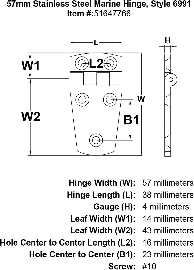 57mm Stainless Steel Marine Hinge Style 6991 specification diagram
