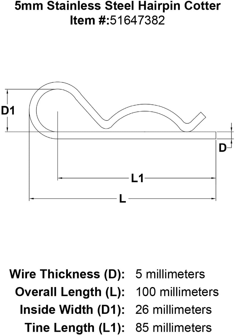 5mm Stainless Steel Hairpin Cotter specification diagram