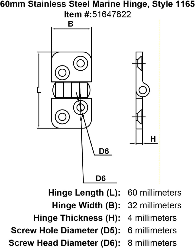 60mm Stainless Steel Marine Hinge Style 1165 specification diagram