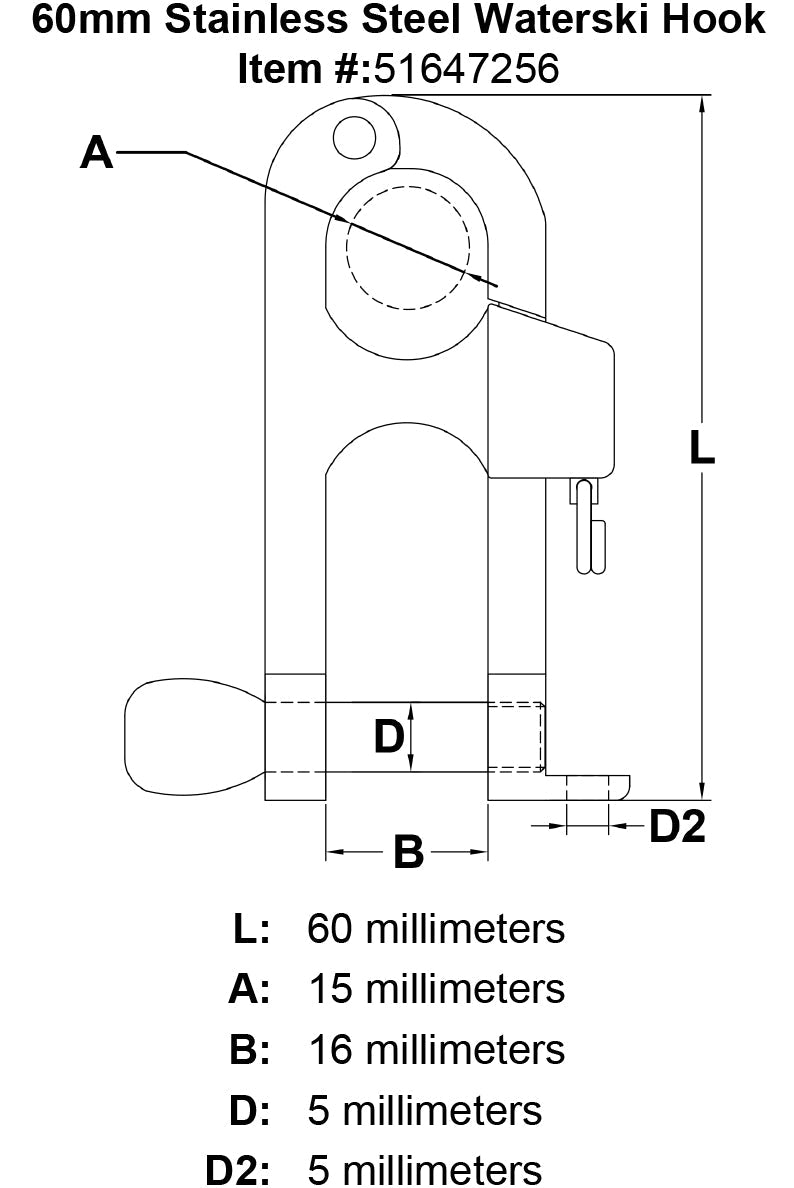 60mm Stainless Steel Waterski Hook specification diagram