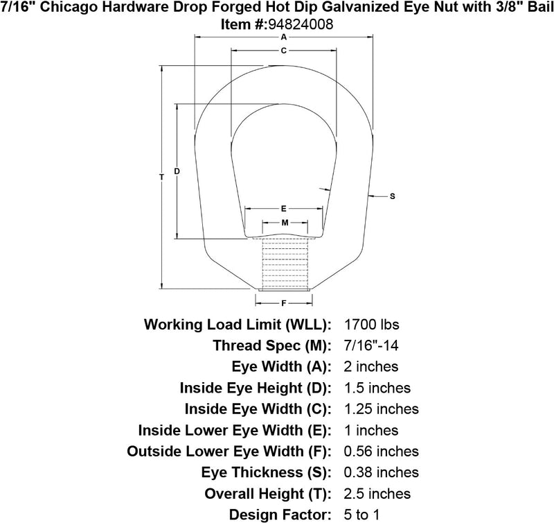 7 16 chicago hardware drop forged hot dip galvanized eye nut specification diagram