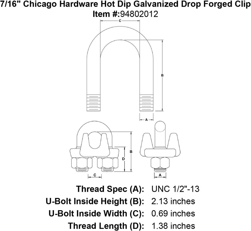 7 16 chicago hardware hot dip galvanized drop forged clip specification diagram