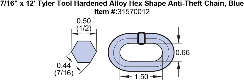 7 16 x 12 Tyler Tool Hardened Alloy Hex Shape Anti Theft Chain Blue specification diagram