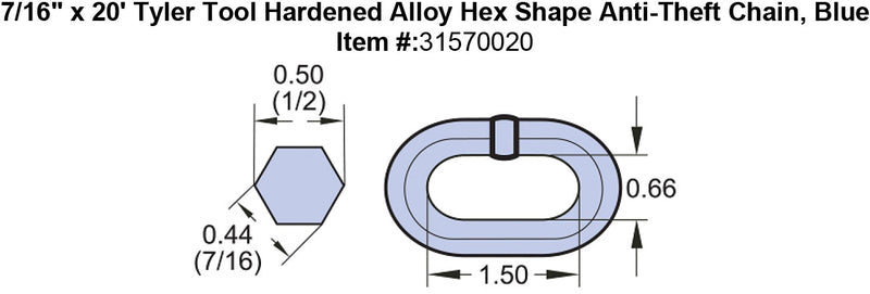 7 16 x 20 Tyler Tool Hardened Alloy Hex Shape Anti Theft Chain Blue specification diagram