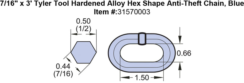 7 16 x 3 Tyler Tool Hardened Alloy Hex Shape Anti Theft Chain Blue specification diagram