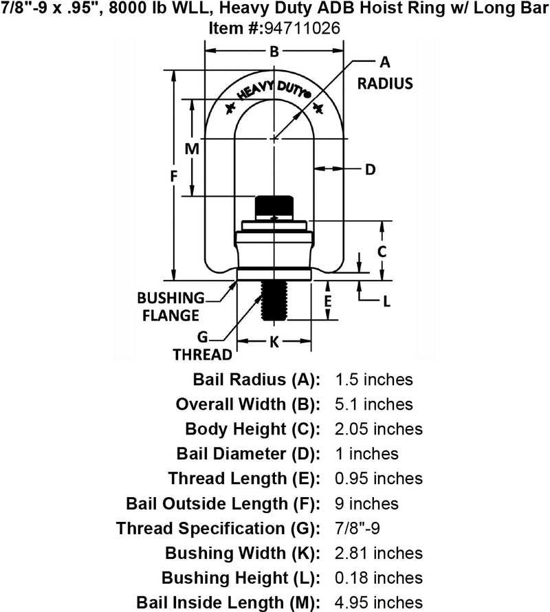 7 8 9 x 95 8000 lb Heavy Duty Hoist Ring Long Bar specification diagram