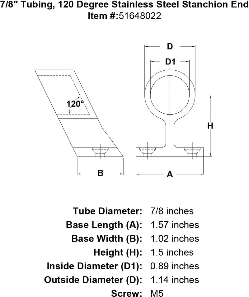 7 8 Tubing 120 Degree Stainless Steel Stanchion End specification diagram
