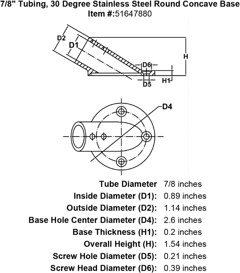 7 8 Tubing 30 Degree Stainless Steel Round Concave Base specification diagram