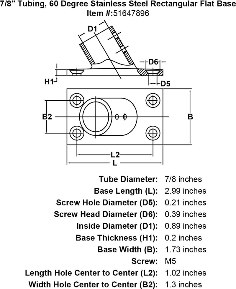 7 8 Tubing 60 Degree Stainless Steel Rectangular Flat Base specification diagram