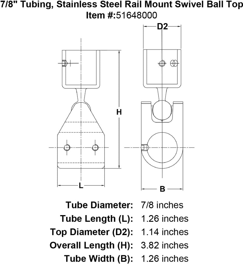 7 8 Tubing Stainless Steel Rail Mount Swivel Ball Top specification diagram