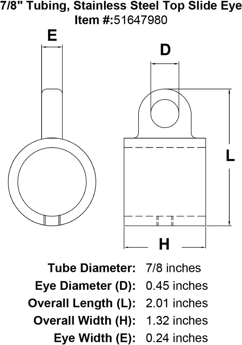 7 8 Tubing Stainless Steel Top Slide Eye specification diagram