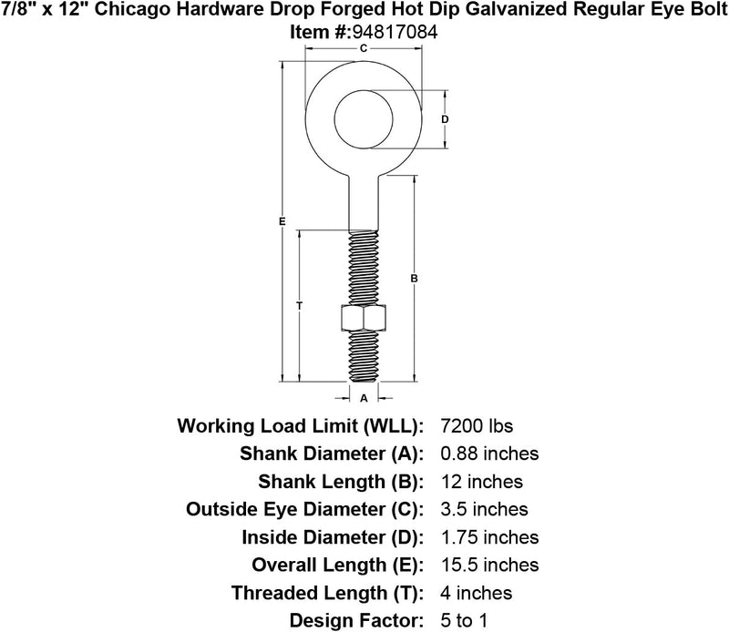 7 8 x 12 chicago hardware drop forged hot dip galvanized regular eyebolt specification diagram