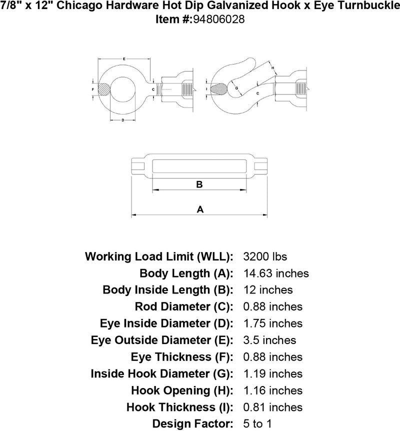 7 8 x 12 chicago hardware hot dip galvanized hook x eye turnbuckle specification diagram