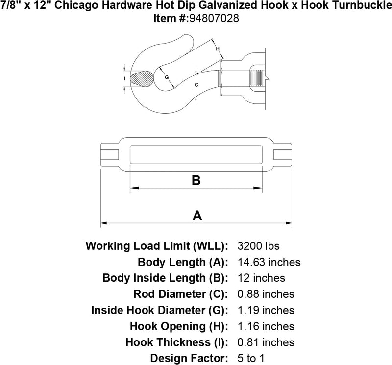 7 8 x 12 chicago hardware hot dip galvanized hook x hook turnbuckle specification diagram