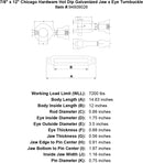 7 8 x 12 chicago hardware hot dip galvanized jaw x eye turnbuckle specification diagram