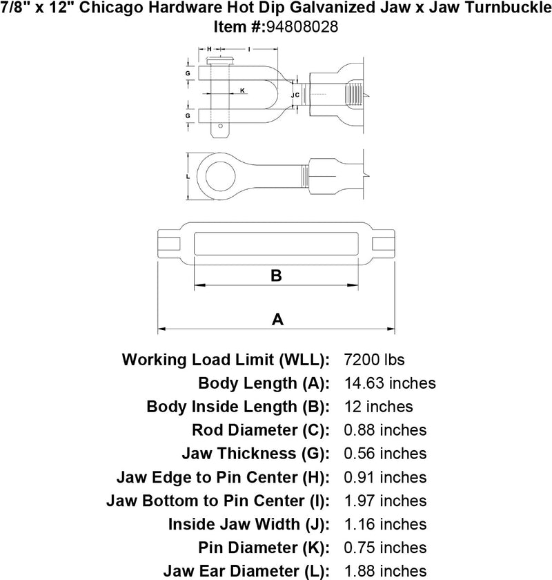 7 8 x 12 chicago hardware hot dip galvanized jaw x jaw turnbuckle specification diagram