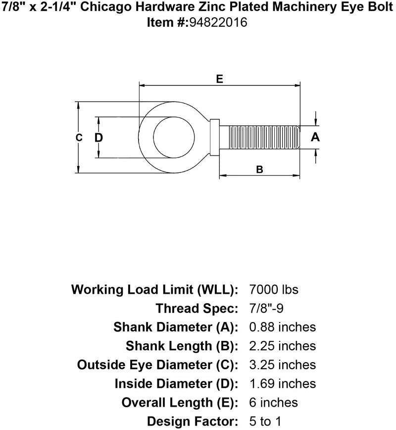 7 8 x 2 1 4 chicago hardware zinc plated machinery eyebolt specification diagram