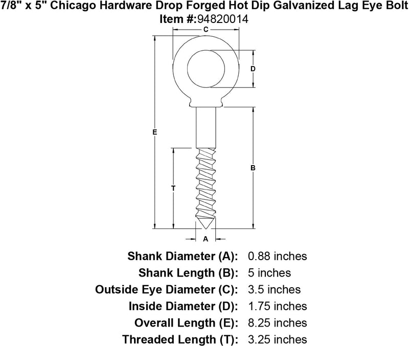 7 8 x 5 chicago hardware drop forged hot dip galvanized lag eyebolt specification diagram