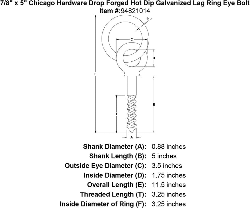 7 8 x 5 chicago hardware drop forged hot dip galvanized lag ring eyebolt specification diagram