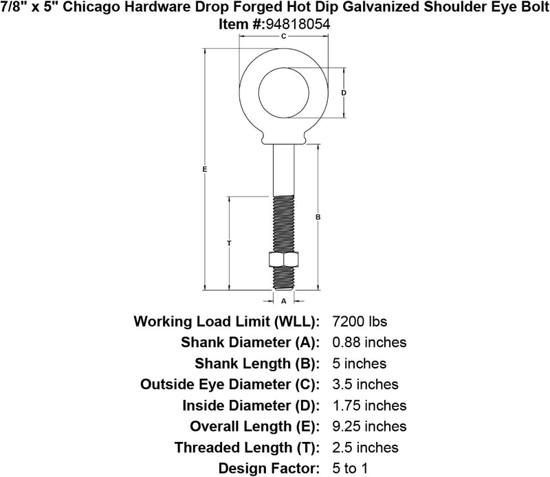 7 8 x 5 chicago hardware drop forged hot dip galvanized shoulder eyebolt specification diagram