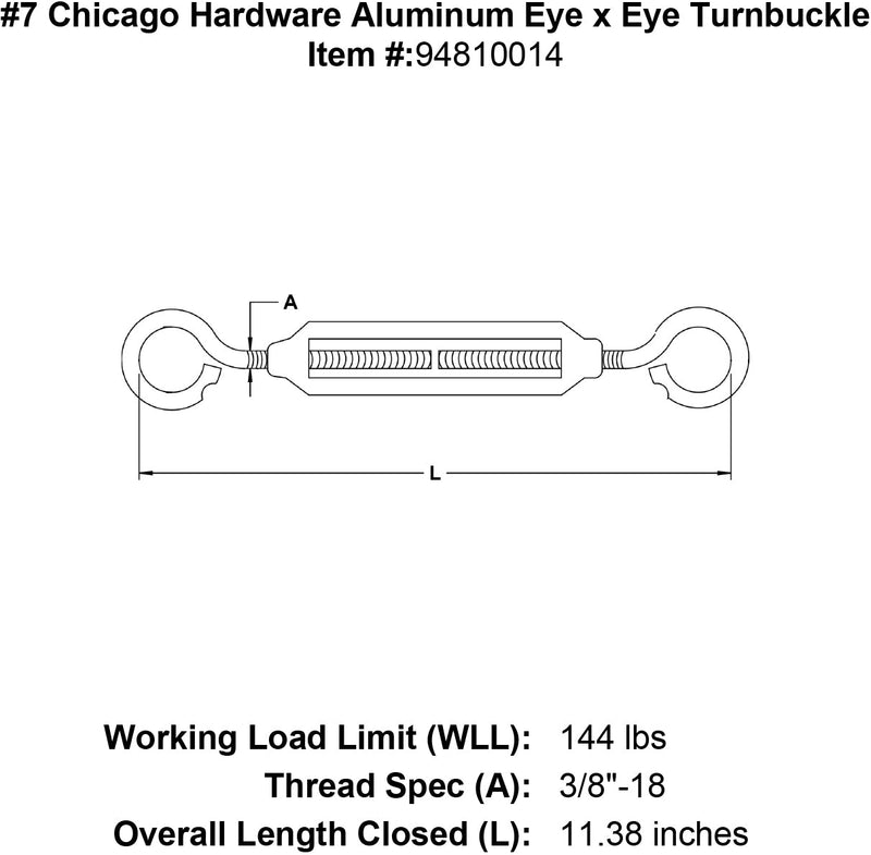7 chicago hardware aluminum eye x eye turnbuckle specification diagram