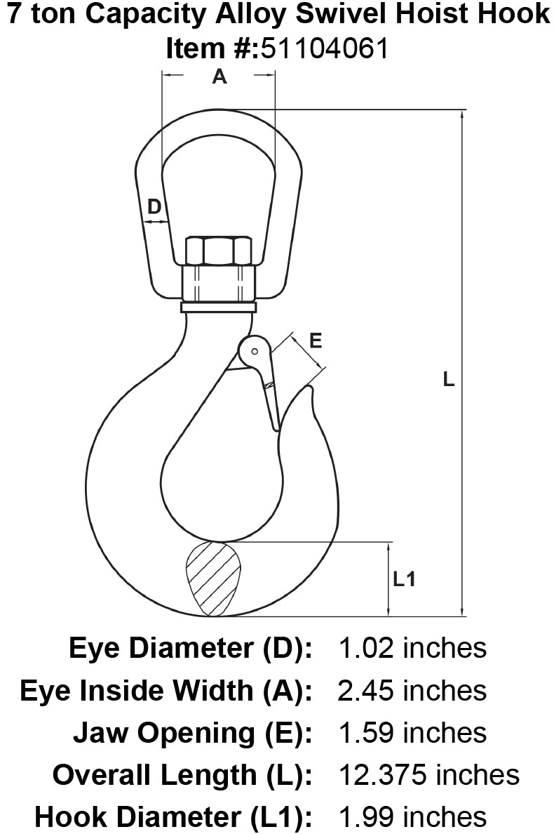 7 Ton Alloy Swivel Hoist Hook Diagram