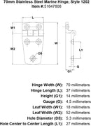 70mm Stainless Steel Marine Hinge Style 1202 specification diagram